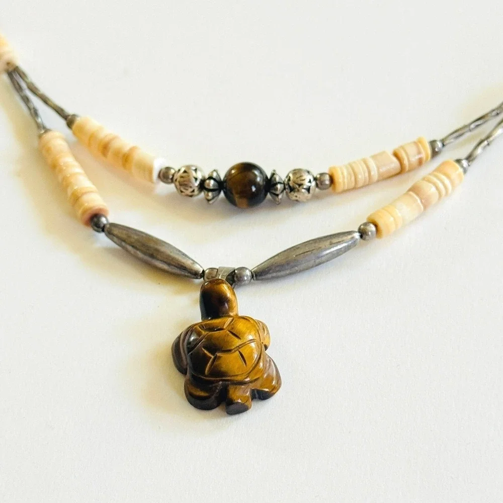 Vtg NAVAJO Turtle heishi Necklace‎ tiger's eye Zuni Native American silver 20